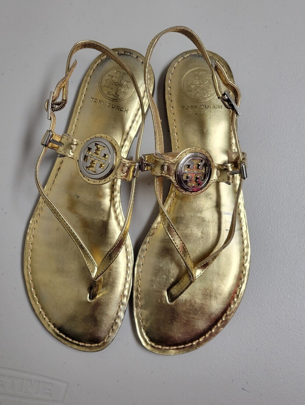 Tory Burch Metallic Gold Logo Slingback Sandals Size 8M.